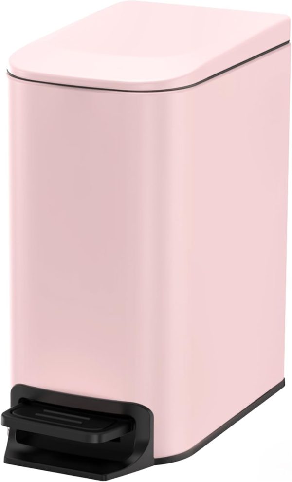 Small Bathroom Trash Can with Lid Soft Close, Step Pedal, 6 Liter / 1.6 Gallon Stainless Steel Garbage Can with Removable Inner Bucket, Anti-Fingerprint Finish (Pink)