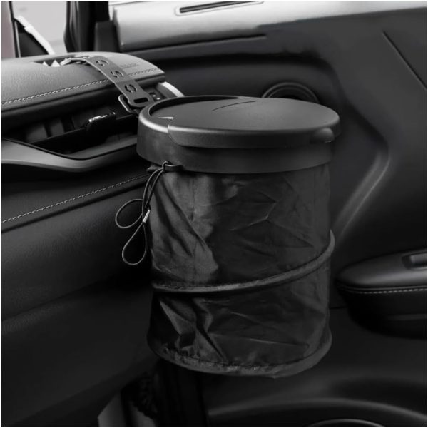Car Trash Can with Lid, Foldable Polyester Pop-Up Auto Trash Can, Portable Large Capacity Vehicle Trash Can with Adjustable Hooks, Universal Interior Car Accessories