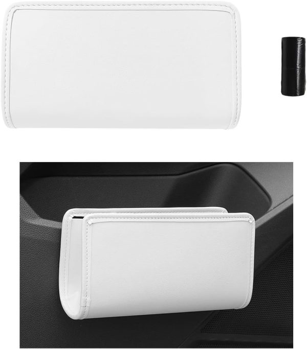 Car Trash Can, Small Leather Foldable Hanging Trash Bag Car Door Organizer, Multi-Function Mini Storage Box Garbage Can for Car Back Seats and Side Door, Car Accessories (White)