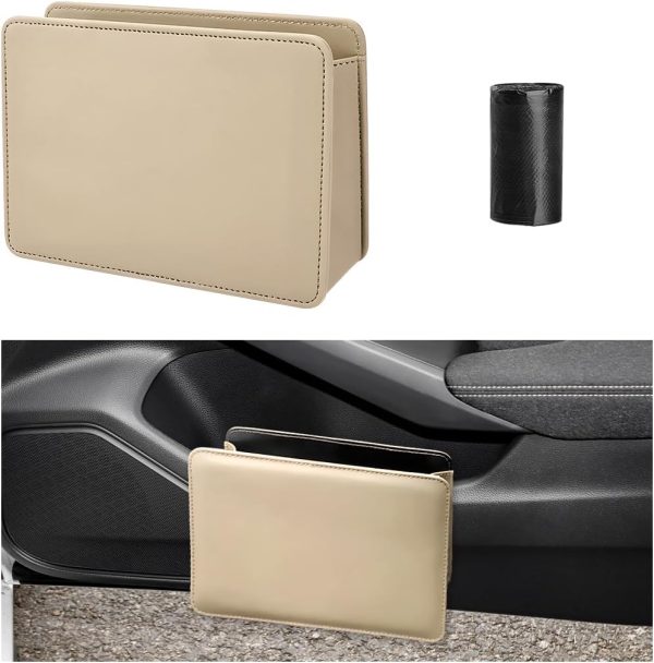 Car Trash Can, Leather Foldable Seat Back Hanging Vehicle Wastebasket, Mini Multifunctional Automobile Organizer with One Roll Trash Bag, Universal Car Accessories (Beige)