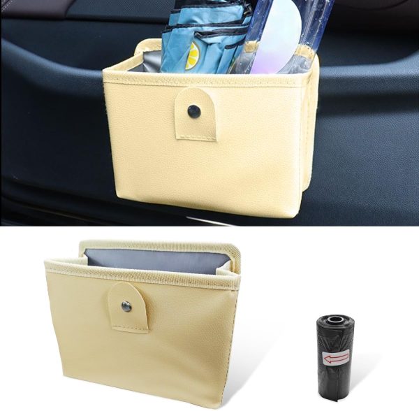 Car Trash Can, Hanging Storage Container Dustbin, Foldable Garbage Organizer, Leather Mini Car Trash Bin with One Roll Trash Bag, Universal Car Accessories for Vehicles Home Office (Beige)