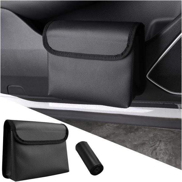 Car Trash Can, Magnetic Leather Vehicle Hanging Dustbin Container with Lid, Foldable Waterproof Leakproof Automotive Suspended Garbage Storage Box, Universal for , Truck, RV