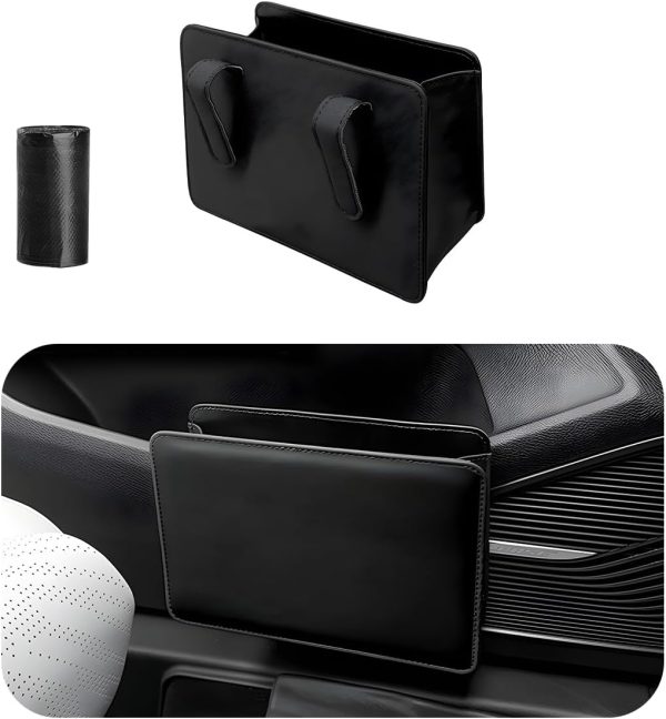 Car Trash Can, Foldable Waterproof Leather Car Garbage Organizer Holder, Automotive Mini Dustbin Container with One Roll Trash Bag, Universal Interior Car Accessories (Black)