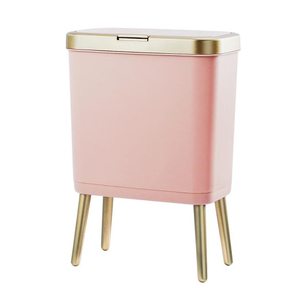 Bathroom Trash Can with Lid, 4 Gallon Pink Garbage Can, Tall Plastic Trash Bin with Push Button, Slim Gold Trash Can Waste Basket for Room, Bedroom,Office,Kitchen