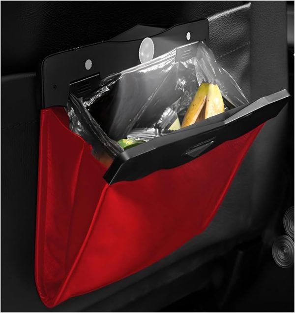 Hanging Car Trash Bag, Foldable Magnetic Garbage Can with Smart LED for Front Back Seat, Multi-Functional Waterproof Leather Rubbish Bag Storage Pocket, Car Accessories (Red)