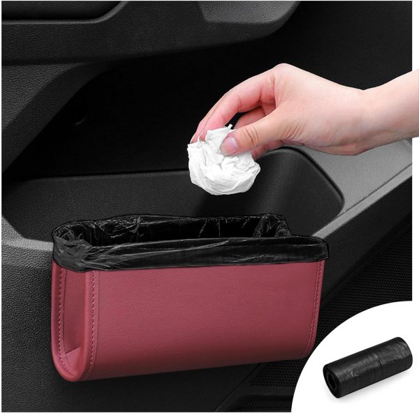Car Trash Can, Universal Leather Cars Garbage Bin Organizer Holder with A Roll of Garbage Bag, Foldable Hanging Mini Automotive Storage Must Have Essentials Interior Accessories (Wine Red)
