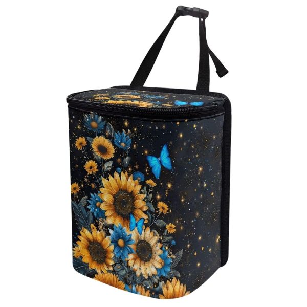 Blue Butterfly Sunflower Print Car Trash Can - Foldable, Automotive Garbage Bin with Leak Proof Hanging Bag